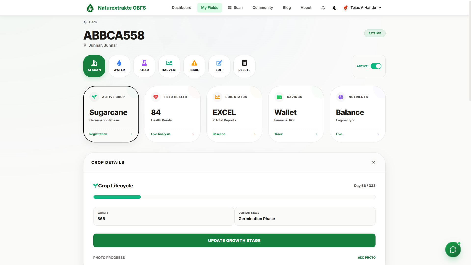 KrishiOS Field Dashboard showing real-time crop health, NDVI satellite data, and fertilizer recommendations